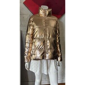 Metallic Rose Gold Puffer Jacket M Shiny Winter Warm Trendy Fleece Lined White